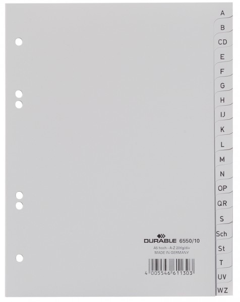 DURABLE Kunststoff-Register, A-Z, A5, PP, 20-teilig, grau