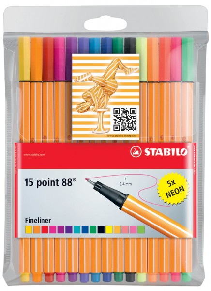 STABILO Fineliner point 88, 15er Kunststoff-Etui, Neonfarben